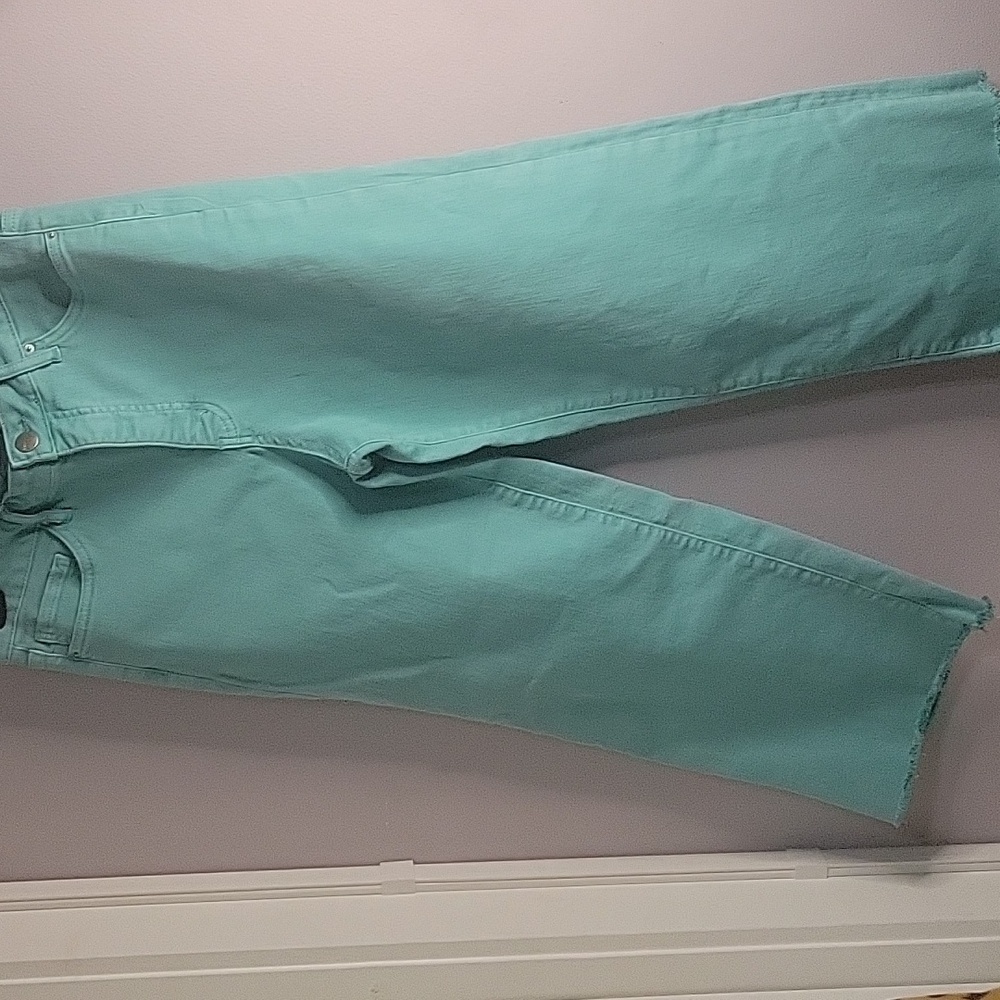 RFM Los Angelas Women's Aqua Jeans Garment Dyed Wide Leg Crop Fringe Hem